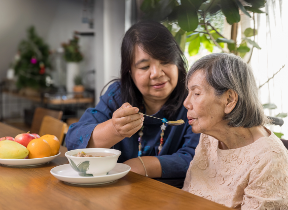 Daughter feeding elderly mother with soup.