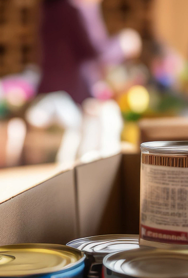 A box of canned food for donation at a volunteer food pantry.